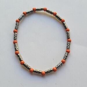 Orange Beaded Bracelet Silver Tone Tube Beads Stretch Boho Fashion Jewelry